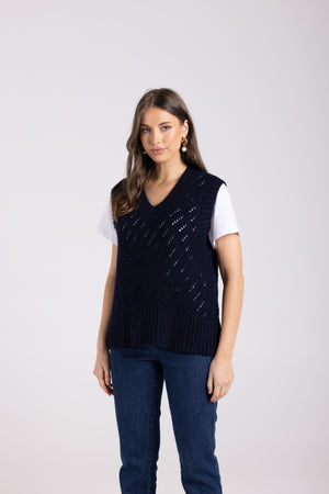 Two-T's Clothing Pointelle V Neck Vest in French Navy