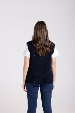 Two-T's Clothing Pointelle V Neck Vest in French Navy