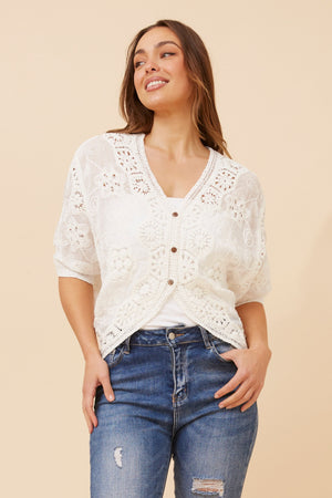 Caroline Morgan 3/4 Sleeve Embroidered Cardigan in White