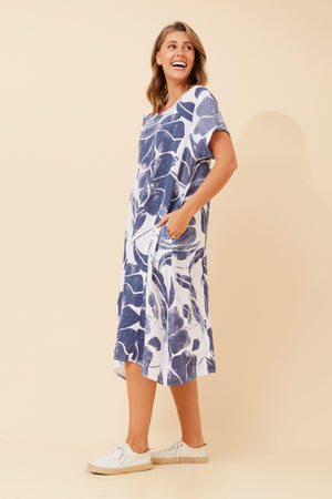 Bottega Moda Short Sleeve Botanical Linen Dress in White Navy