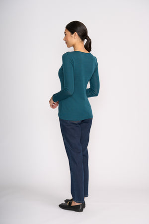 Foil Merino Fine Merino Crew Neck Top in Midnight Green