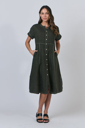 Naturals by O & J Gathered V-Neck Linen Dress in Licorice