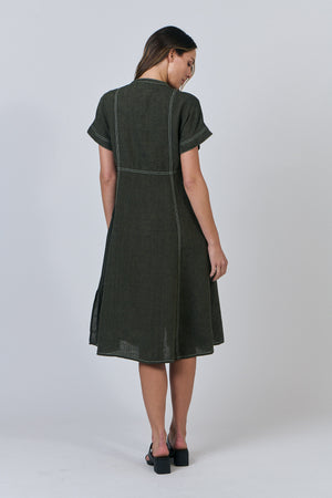 Naturals by O & J Gathered V-Neck Linen Dress in Licorice