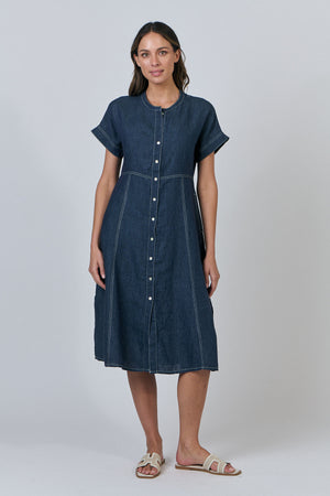 Naturals by O & J Gathered V-Neck Linen Dress in Poseidon