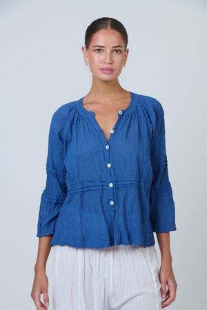 Namastai Pintuck Poet Blouse in Cycladic