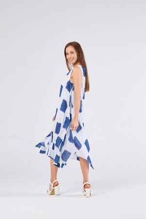 Au Hasard D'un Voyage Sleeveless V neck Dress in Blue Block Art