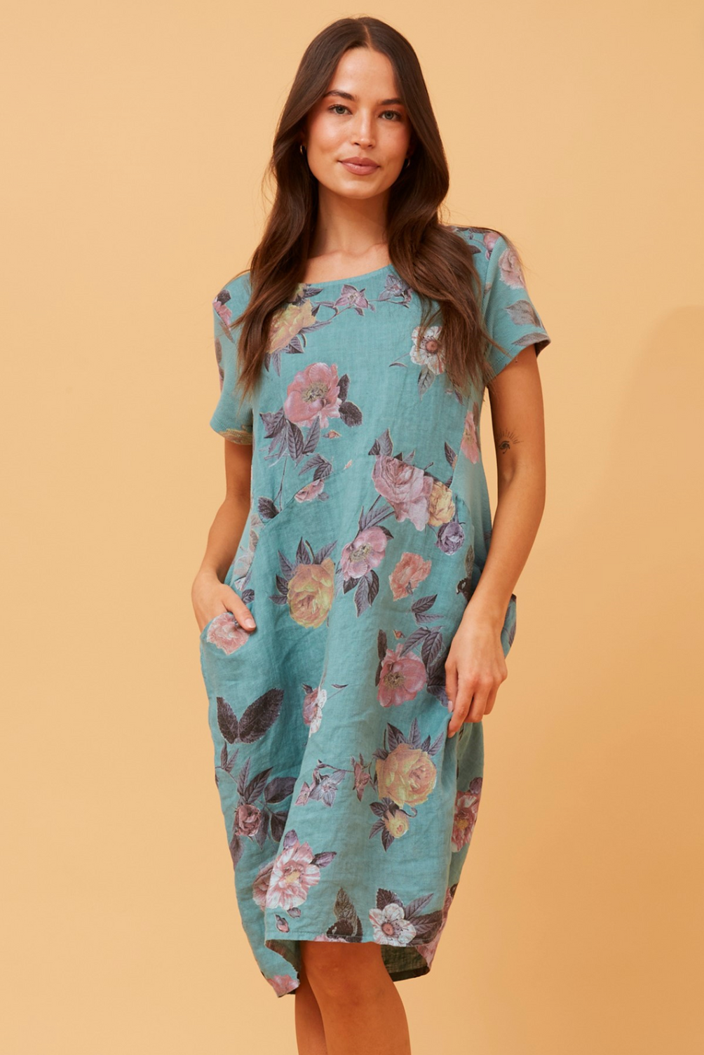 Bottega Moda Short Sleeve Linen Floral Print Dress in Sage