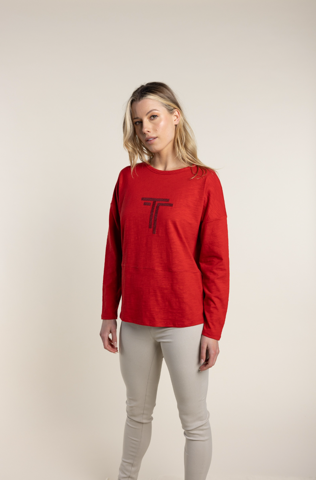 Two T's Sequin Trim Logo Tee in Red