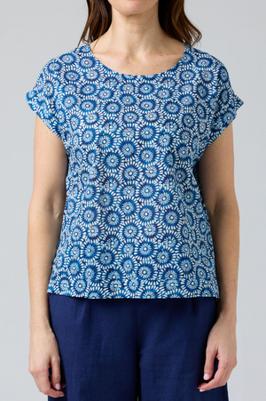 CAKE Vicky Round Neck Cotton Top in Blue Circle