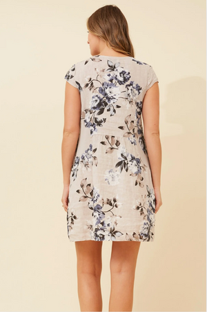 Bottega Moda Cap Sleeve Linen Floral Print Dress in Natural