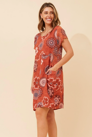 Bottega Moda Short Sleeve Linen Floral Print Dress in Coccio