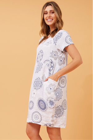 Bottega Moda Short Sleeve Linen Floral Print Dress in White