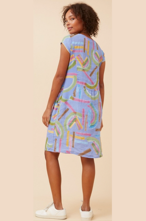 Bottega Moda Short Sleeve Seaside Brushstroke Linen Dress in Blue