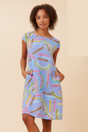 Bottega Moda Short Sleeve Seaside Brushstroke Linen Dress in Blue