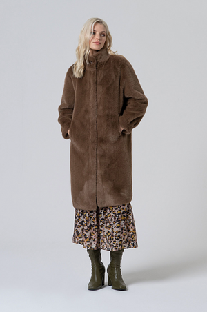 Surkana Teddy effect coat with high collar in Khaki