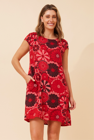 Bottega Moda Cap Sleeve Linen Printed Dress in Red