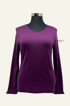 Ebony Merino Wool Self Trim V Neck Top in Italian Plum