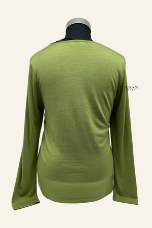 Ebony Merino Wool Self Trim V Neck Top in Summer Pear