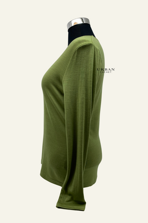 Ebony Merino Wool Self Trim V Neck Top in Summer Pear