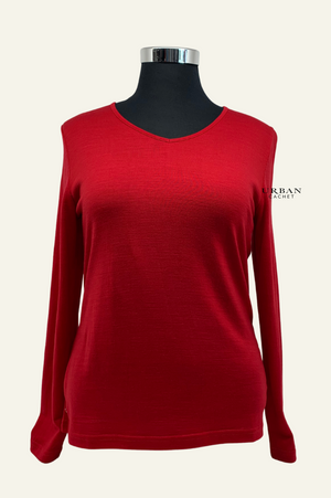 Ebony Merino Wool Self Trim V Neck Top in Ruby