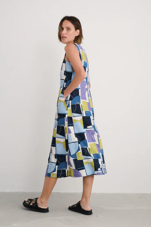 Seasalt Cornwall Sleeveless Grass Wave Dress in Block Shapes Bilberry