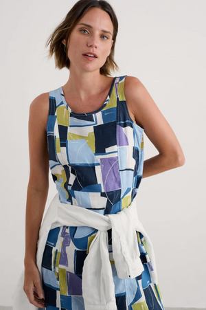 Seasalt Cornwall Sleeveless Grass Wave Dress in Block Shapes Bilberry