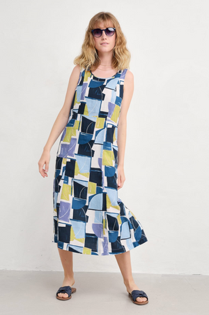 Seasalt Cornwall Sleeveless Grass Wave Dress in Block Shapes Bilberry
