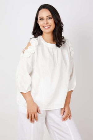 JJ Sisters Fleur Cut-Out Linen Top in White