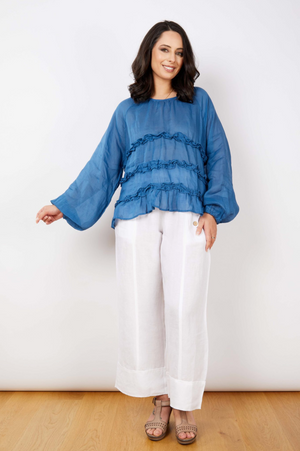 JJ Sisters Cascade Ruffle Silk Linen Top in Aegean Blue