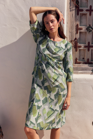 Tirelli Curve Seam Print Dress in Green Geometric