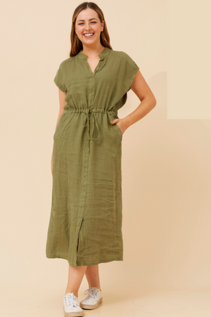 Bottega Moda Cap Sleeve Solid Midi Dress With Front Tie in Khaki