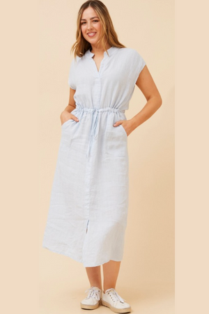 Bottega Moda Cap Sleeve Solid Midi Dress With Front Tie in Light Blue