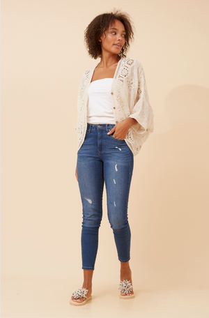 Caroline Morgan 3/4 Sleeve Embroidered Cardigan in Beige