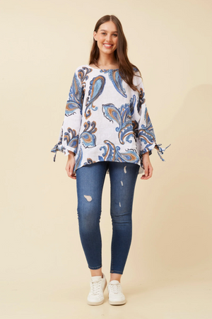 Bottega Moda 3/4 Sleeve Paisley Linen Top in White