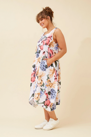 Bottega Moda Sleeveless Linen Printed Dress in Multi White