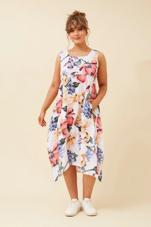 Bottega Moda Sleeveless Linen Printed Dress in Multi White