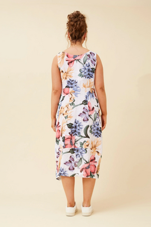 Bottega Moda Sleeveless Linen Printed Dress in Multi White