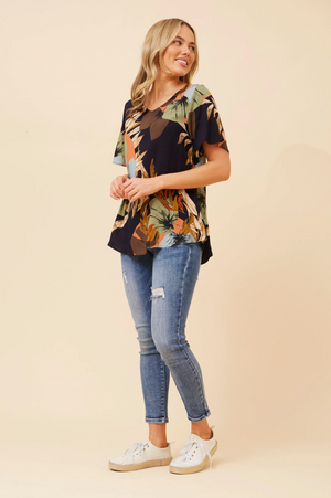 Caroline Morgan Short Sleeve Floral Print Top with Back Button Detail