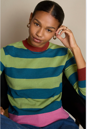 Surkana Knit Striped Sweater with Contrast Trims in Green