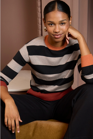 Surkana Knit Striped Sweater with Contrast Trims in Black