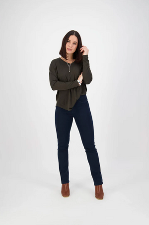 Vassalli Bay Pull on Slim Leg Full Length Denim Pant in Indigo Denim