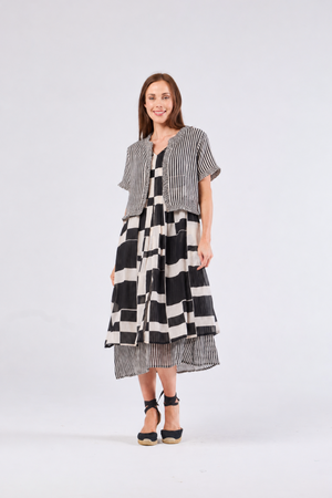 Au Hasard D'un Voyage Frill Seeker Short Cardi in Black Taupe Stripe