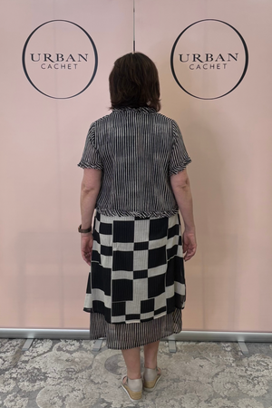 Au Hasard D'un Voyage Frill Seeker Short Cardi in Black Taupe Stripe