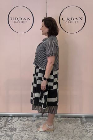 Au Hasard D'un Voyage Frill Seeker Short Cardi in Black Taupe Stripe