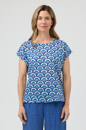 CAKE Vicky Round Neck Cotton Top in Blue Arches