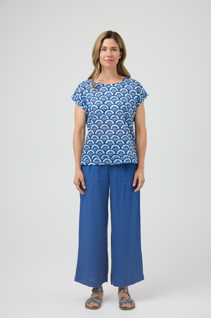 CAKE Vicky Round Neck Cotton Top in Blue Arches