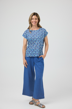 CAKE Vicky Round Neck Cotton Top in Blue Arches