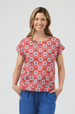 CAKE Vicky Round Neck Cotton Top in Red Folk
