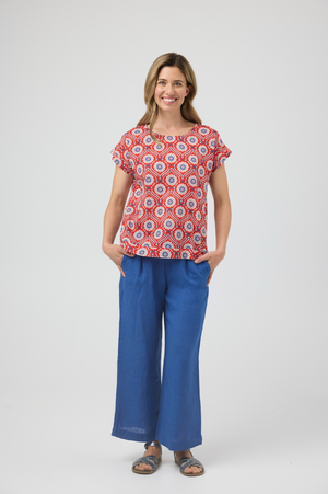 CAKE Vicky Round Neck Cotton Top in Red Folk