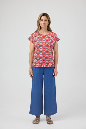 CAKE Vicky Round Neck Cotton Top in Red Folk